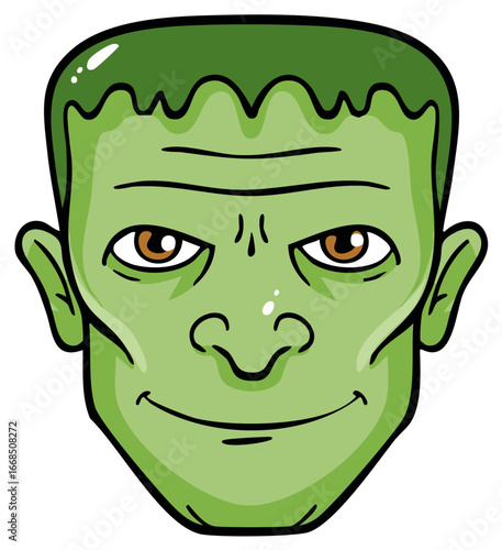 Cartoon green creature with stitches and a wide smile