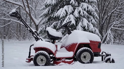 Piles of Snow Accumulated on Parked Red Riding Lawn Mower