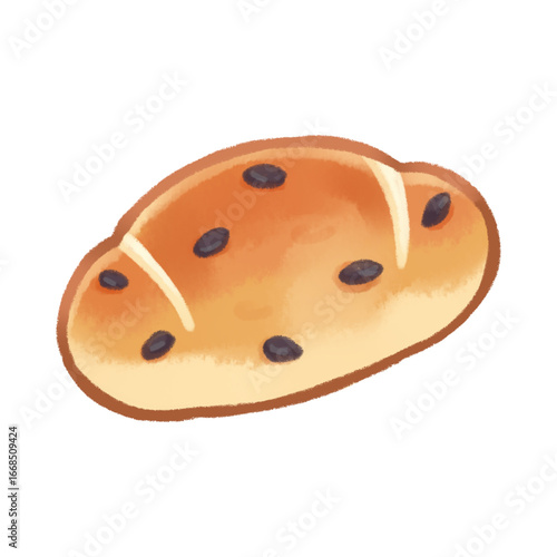 Close-up of a golden-brown, slightly oblong, raisin bread roll with a soft texture and visible cuts.