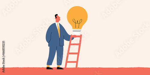 An insightful businessman contemplating an enlightening light bulb, symbolizing innovative ideas and strategic development and the brilliance of concepts and visions.