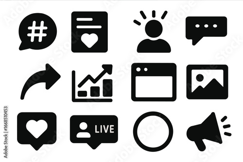 Social Media Icons. Solid style icons of social media content: hashtag bubble, post with heart, influencer icon, comment section,