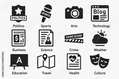 Journalism Beat Icons. Solid style icons of journalism for different beats: politics badge, sports mic, arts coverage camera, tech