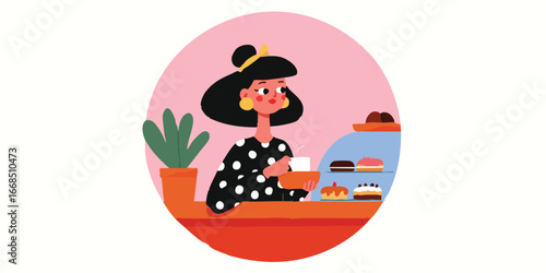 An animated illustration capturing the essence of a cozy shop with a woman behind the counter.