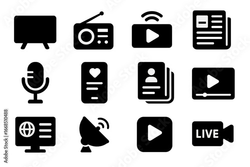 Media Icons Collection. Solid style icons of media channels: television screen, radio with antenna, online streaming icon,