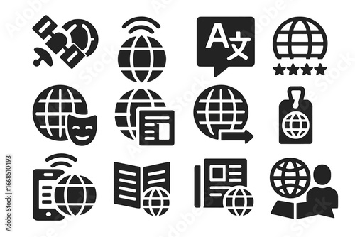 Global Media Icons. Solid style icons of global media and communication: globe and satellite, international broadcast,