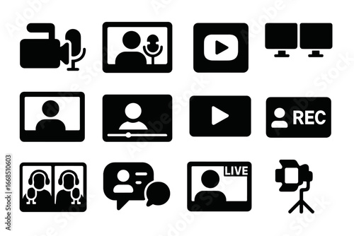 Podcast Icon Set. Solid style icons of video podcasts and vodcasts: camera with mic icon, video episode frame, YouTube podcast