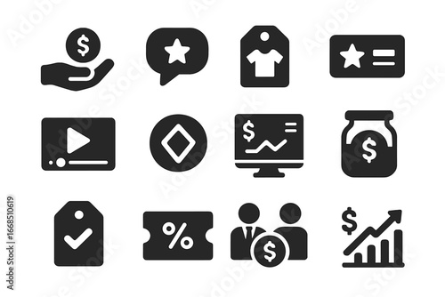 Stream Monetization Icons. Solid style icons of stream monetization tools: donation icon, super chat badge, merch link tag, stream