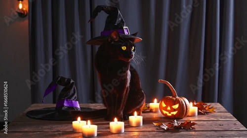 black cat wearing pointy witch hat, classic Halloween costume and concept