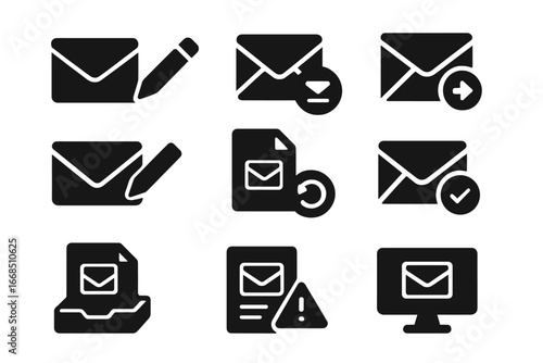 Email Draft Icons. Solid style icons of email drafts and revisions: draft mail icon, pencil on envelope, multiple drafts symbol,