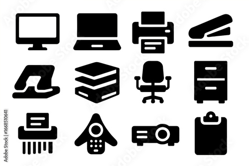 Office Equipment Icons. Solid style icons of office equipment: desktop computer, laptop, printer, stapler, hole puncher, paper