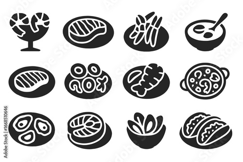 Seafood Icons Collection. Solid style icons of seafood dishes: shrimp cocktail, grilled salmon, crab legs, clam chowder, fish