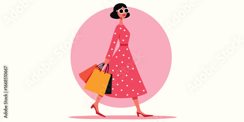 A stylish illustration of a woman gracefully strolls, carrying shopping bags, depicting modern consumerism and leisurely shopping experience. 