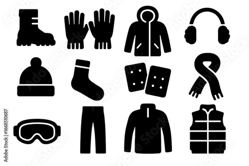 Cold Weather Gear Icons. Solid style icons of cold weather gear: winter boots, snow gloves, parka, earmuffs, beanie, thermal socks