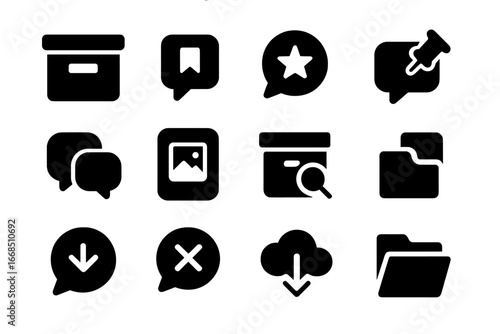 Chat Icon Collection. Solid style icons of archived and saved chats: archive box, saved message, starred message, pinned chat,