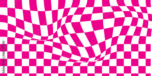 Abstract wavy psychedelic checkerboard background with white and blue colors. Trippy design with distortion grid effect. Twisted wavy and groovy geometrical chessboard. Vector illustration. EPS 10