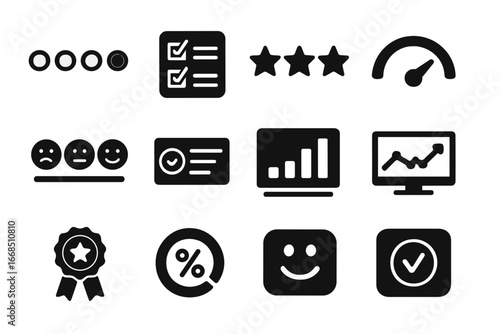 Solid Survey Icons. Solid style icons of survey ratings: radio button scale, checkbox feedback, rating stars, sliding bar,
