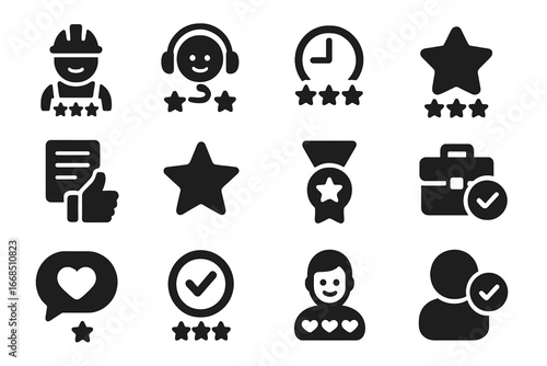 Service Rating Icons. Solid style icons of service ratings: technician rating, support satisfaction, punctuality score, resolution