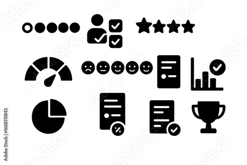 Solid Survey Icons. Solid style icons of survey ratings: radio button scale, checkbox feedback, rating stars, sliding bar,