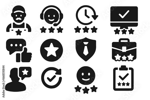 Service Rating Icons. Solid style icons of service ratings: technician rating, support satisfaction, punctuality score, resolution