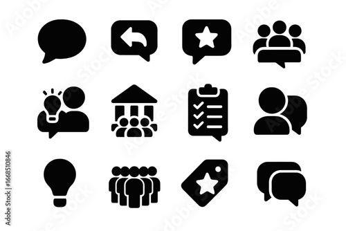 Public Feedback Icons. Solid style icons of public feedback: open comment, forum reply, public review, group suggestion, town hall