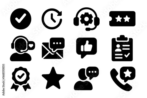 Support Feedback Icons. Solid style icons of support feedback: resolved issue, response time, support quality, ticket rating,