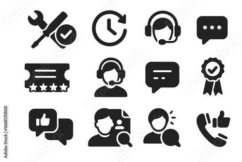 Support Feedback Icons. Solid style icons of support feedback: resolved issue, response time, support quality, ticket rating,