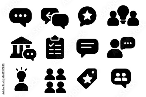Public Feedback Icons. Solid style icons of public feedback: open comment, forum reply, public review, group suggestion, town hall
