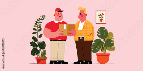 A cheerful delivery person hands a package to a smiling customer, against a backdrop adorned with a houseplant, conveying the essence of modern convenience and service.