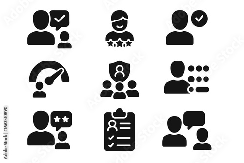 Employee Survey Icons. Solid style icons of employee surveys: workplace feedback, job satisfaction, manager evaluation, engagement