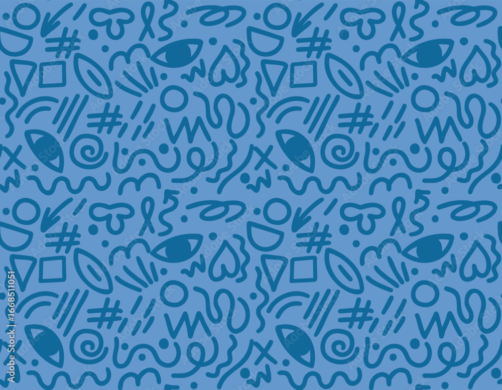 Obraz premium Blue vector pattern with quirky shapes, lines, eyes, hearts. Creative abstract design, unique repetitive graphic wallpaper