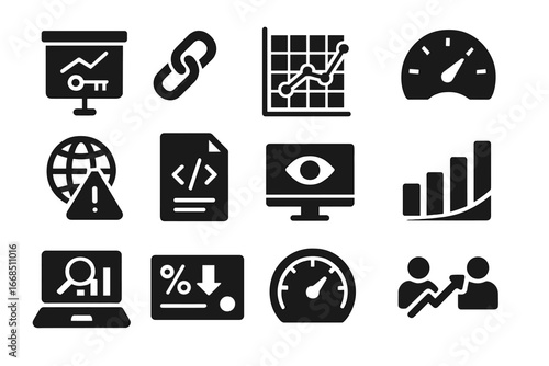 SEO Analytics Icons. Solid style icons of SEO analytics: keyword ranking chart, backlinks icon, domain authority graph, organic