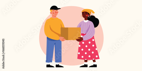 A cheerful delivery man handing over a cardboard box to a customer, symbolizing the swift and reliable of goods and services. Illustrates the moment with a touch of dynamism and friendliness.