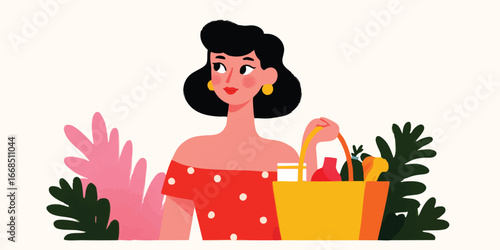 A stylish woman, holding a shopping basket, radiating a sense of freshness and effortless style.