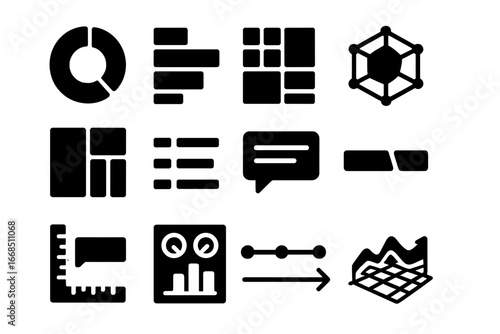 Data Visualization Icons. Solid style icons of data visualization: donut chart, stacked bar, heatmap grid, radar chart, tree map,