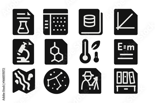 Scientific Data Icons. Solid style icons of scientific data: lab report icon, experimental dataset, data logbook, calibration