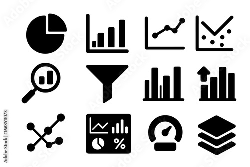 Data Analysis Icons. Solid style icons of data analysis: pie chart, bar graph, trend line, scatter plot, magnifying glass on data,
