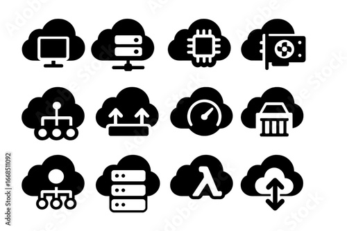 Cloud Computing Icons. Solid style icons of cloud computing: virtual machine icon, compute node, CPU in cloud, GPU cloud icon,