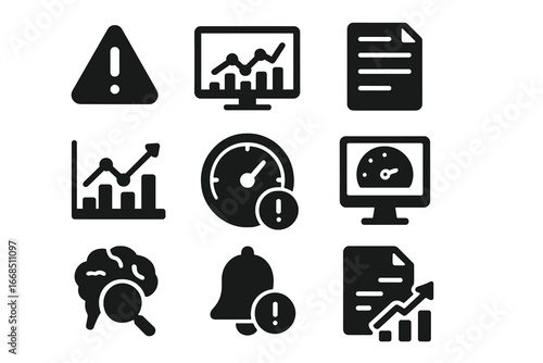 Data Monitoring Icons. Solid style icons of data monitoring: alert icon, real-time dashboard, log file, system usage graph, metric