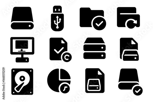 Local Backup Icons. Solid style icons of local backup: external hard drive, USB backup icon, local archive folder, PC-to-drive