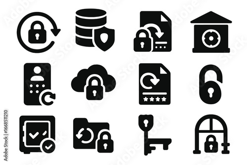 Secure Backup Icons. Solid style icons of backup encryption and security: lock on backup icon, shielded archive, encrypted restore