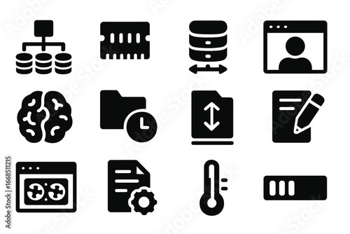 Temporary Storage Icons. Solid style icons of temporary storage: cache icon, RAM chip, buffer icon, session storage, volatile