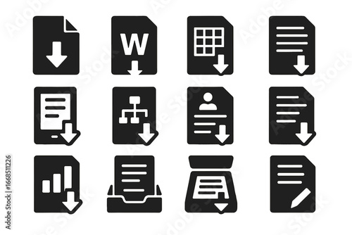 Document Download Icons. Solid style icons of document downloads: PDF file arrow, Word doc download, Excel spreadsheet save, text