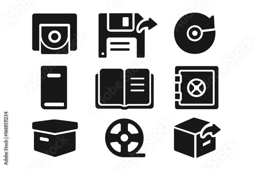 Legacy Backup Icons. Solid style icons of legacy backup systems: tape drive icon, floppy disk backup, CD/DVD restore, old archive