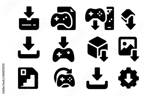 Game Download Icons. Solid style icons of game downloads: game installer icon, DLC file fetch, game patch download, launcher