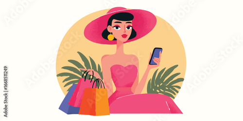 An elegant woman basks in the sun, hand holding a smartphone and bags in her other hand. She embodies the essence of luxury and the allure of modern consumerism. 