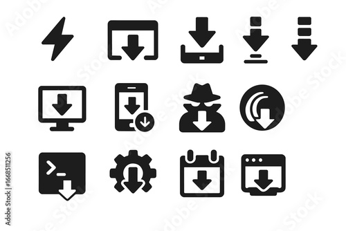 Download Utility Icons. Solid style icons of download utilities: accelerator icon, manager software icon, mirror download icon,