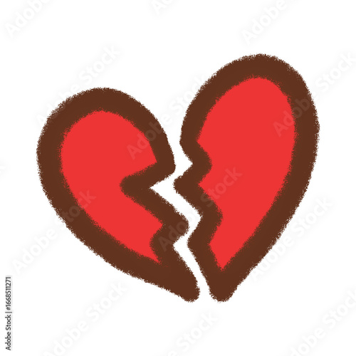A simple, hand-drawn illustration of a red heart broken in two pieces with a dark brown outline.