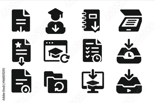 Educational Upload Icons. Solid style icons of educational uploads: assignment file arrow, student upload tray, lecture notes