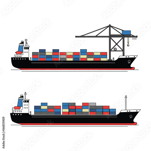 cargo ships with containers on deck and crane loading