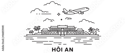 Hoi An Vietnam with Airplane Travel, Line Art. with white background